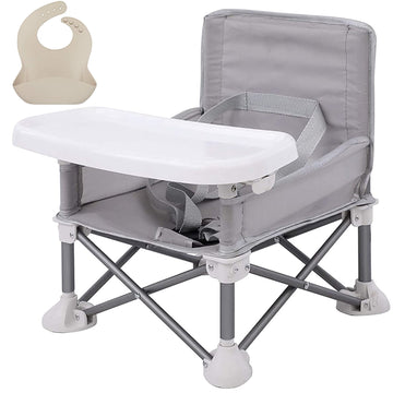 Portable Baby Seat Travel with Tray for Baby | Folding Portable Baby Booster Seat for Dining Table, Camping, Beach, Grandma’s | Tip-Free Design Straps to Kitchen Chairs - Infant Dining Chair (Grey)