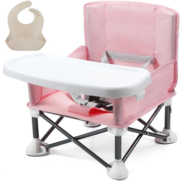 Portable Baby Seat Travel with Tray for Baby | Folding Portable Baby Booster Seat for Dining Table, Camping, Beach, Grandma’s | Tip-Free Design Straps to Kitchen Chairs - Infant Dining Chair (Pink)