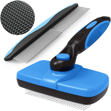 Self-Cleaning Slicker Dog/Cat Brush and Comb Kit,Pet brush with plastic tips will not harm the skin.Shedding and dematting comb for Grooming long/short hair and large/small dogs and cats, Blue