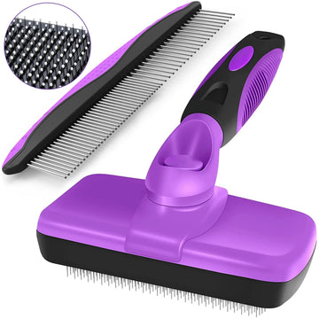 Self-Cleaning Slicker Dog/Cat Brush and Comb Kit,Pet brush with plastic tips will not harm the skin.Shedding and dematting comb for Grooming long/short hair and large/small dogs and cats, Purple