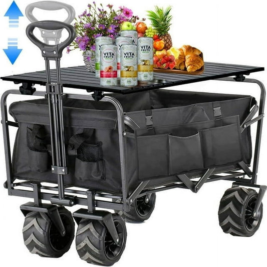 Collapsible Folding Wagon,Heavy Duty Wagon Cart Foldable with Aluminum Table Plate and Extra Pocket / Storage Bag,Utility Garden Carts for Camping Shopping Sports