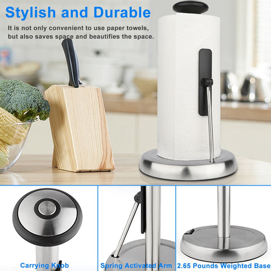 Paper Towel Holder, Stainless Steel Kitchen Paper Towel Holder for One Hand Tear with Weighted Base Suction Cups, with Lazy Cleaning Cloth, for Kitchen & Dining Room Table