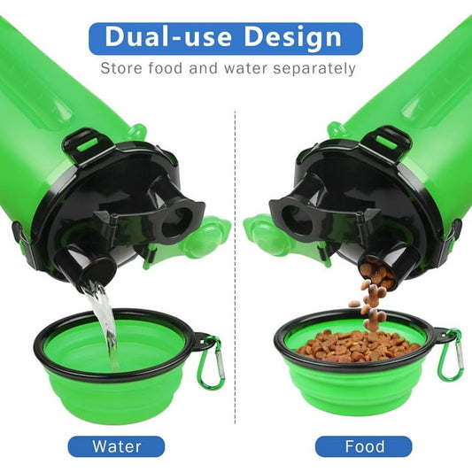 Dog Travel Water Bottle Collapsible Dog Bowls, 2 in 1 Pet Food Container, Portable Dog Bowls Water Bottle with Dog Poop Bag Dispenser for Walking, Camping, and Hiking (Green)