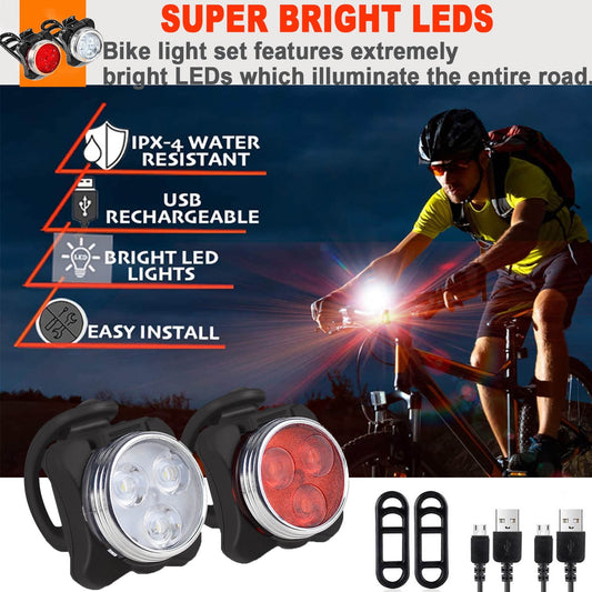 USB Rechargeable Bike Light Set,Super Bright Front Headlight and Rear LED Bicycle Light,650mah Lithium Battery,4 Light Mode Options(2 USB cables and 4 Strap Included)