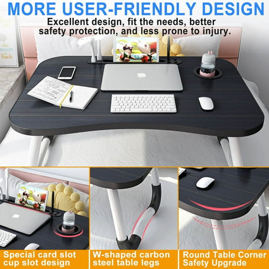 Laptop Desk，23.6" Portable Lap Table，Folding Breakfast Tray Lap Standing Desk with Storage Drawer & Holders for Cup and Notebook Stand & Reading Lights & Small Fans, for Working Reading Eating