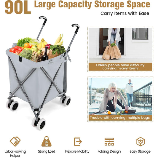 Folding Shopping Cart, Grocery Cart with Removable Basket, 360° Rolling Laundry Cart & Lightweight Trolley for Shopping, Supermarket, Camping, Grocery, Outdoor, Beach, Laundry