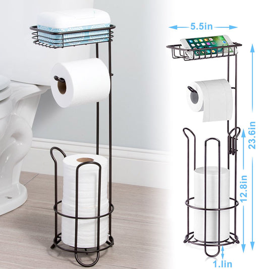 Toilet Paper Holder Stand and Dispenser with Storage Shelf, Bathroom Freestanding Toilet Tissue Paper Roll Storage with Cell Phone Shelf, Steel Metal Toilet Tissue