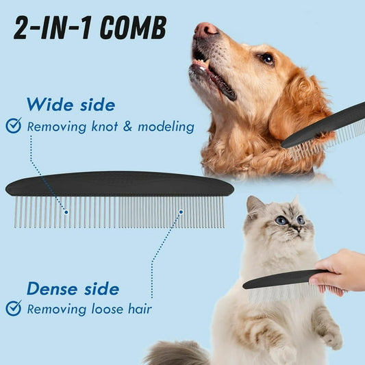 Pet Grooming Brush and Metal Comb, Cat Brush Undercoat Rake for Dogs Grooming Supplies Dematting Deshedding Brush for Shedding, Deshedder Brush Dogs Shedding Tool for Long matted Haired Pets, Black