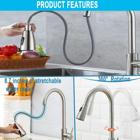 Kitchen Faucet with Pull Down Sprayer,Single Handle High Arc Brushed Nickel Pull Out Kitchen 360 Faucet with 2 modes,Durable Stainless Steel Kitchen Sink Faucet,Commercial Modern Kitchen Faucet