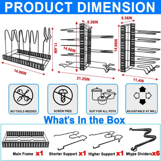 Pots and Pans Organizer, 8 Tiers Pot Rack Organizers for Kitchen Organization & Storage, Adjustable Pot Organizer Rack for under Cabinet, Lid Organizer for Pots and Pans With 3 DIY Methodswith 3 DIY